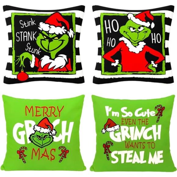 Set of 4 Merry‎ Grin-chmas Pillow Covers, 18x18 Farmhouse Christmas Home Decor - Picture 1 of 7